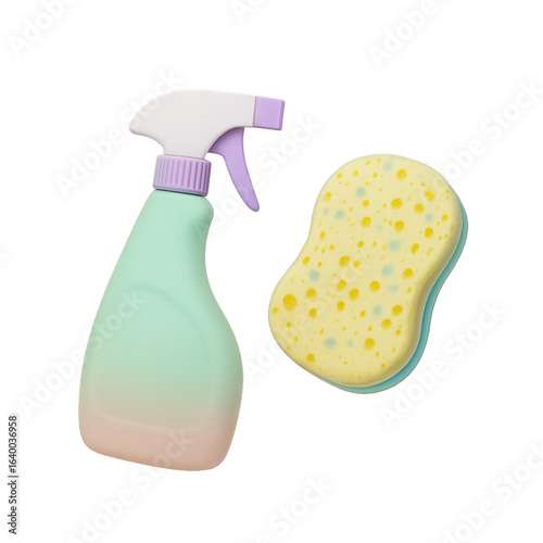 Cartoon spray bottle and sponge for cleaning isolated on transparent background