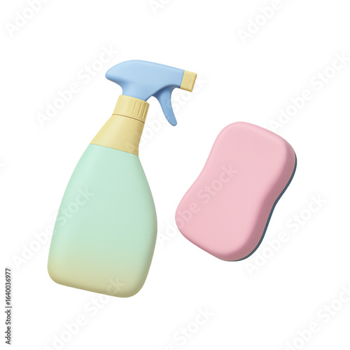 Pastel colored spray bottle and sponge for cleaning isolated on transparent background