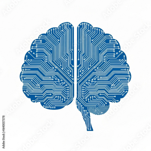 Stylized cerebral organ with circuit board pattern in azure hue on a pristine white canvas view concept