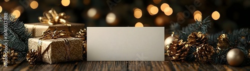 A golden toned anniversary table with a blank card and elegant calligraphy pen long title This image depicts a festive and elegant anniversary table