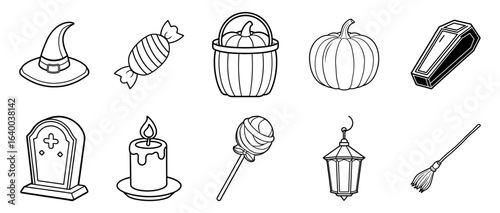  line art vector illustration of a vintage set of Halloween  tools and for colouring book elements 