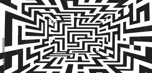 Complex black and white maze with a distorted perspective effect