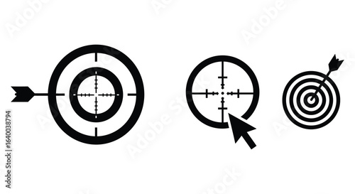 Target Icons with Crosshairs and Arrow Symbols in Black Silhouette