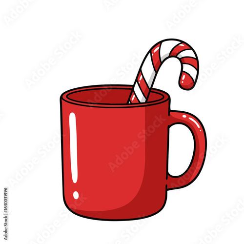Vector illustration of red mug with candy cane on white background, holiday drink