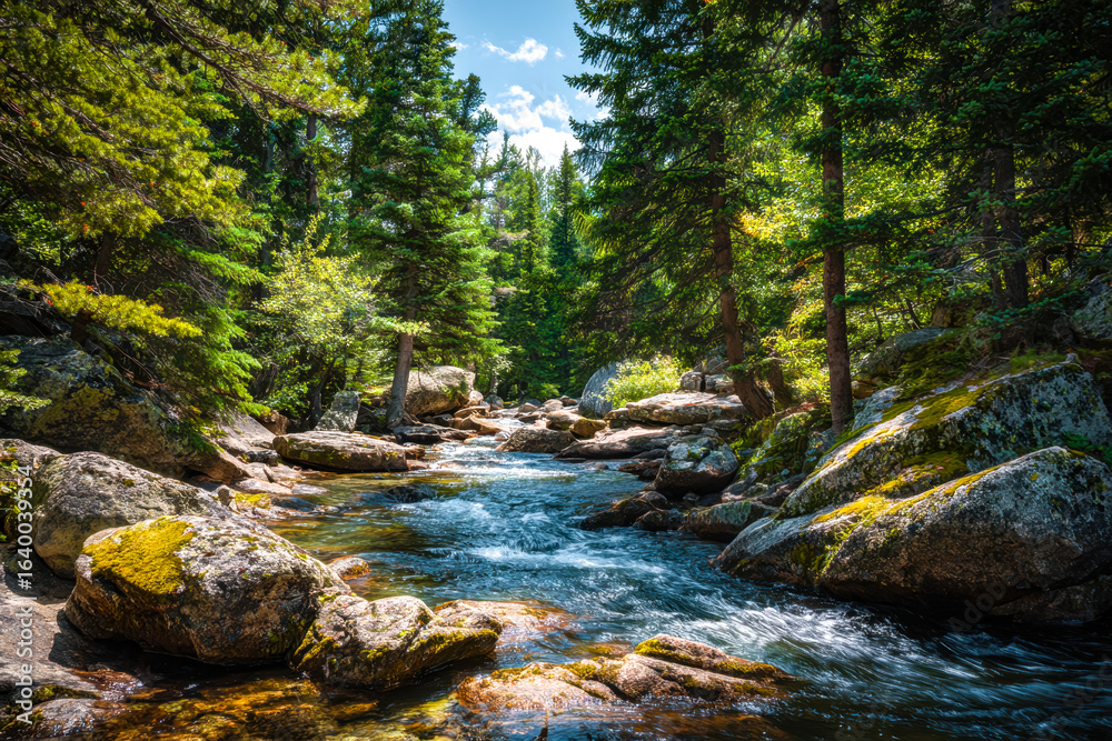 Obraz premium Tranquil mountain stream flowing through a lush forest