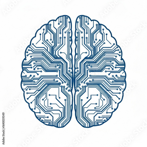 Stylized cerebral organ representation with intricate circuit pattern design element on white surface view