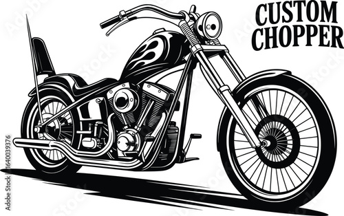 Custom Chopper Motorcycle Vector, Black and White Cruiser Bike Illustration.
