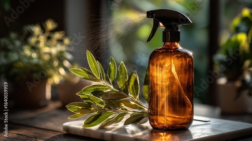 Tall amber glass spray bottle of an all-purpose cleaner with olive extract on marble