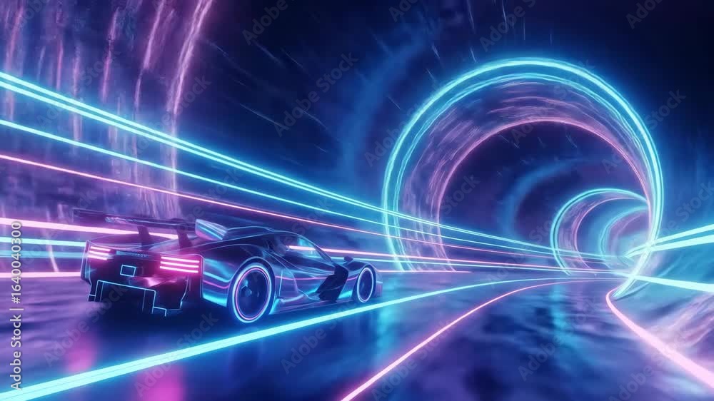Futuristic Race Car Speeding Through Neon Tunnel, Cyberpunk Aesthetic