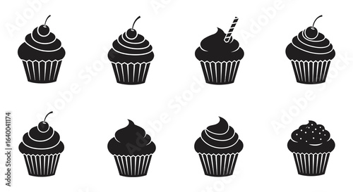 Collection of Various Cupcake Designs in Silhouette Style on White Background silhouette