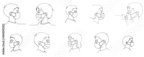 Profile of a child breathing with a mask, set of 10 icons, isolated on transparent background