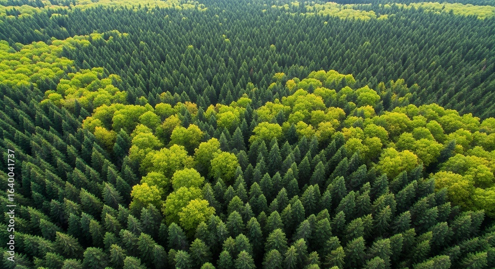 Fototapeta premium Aerial View of Lush Green Forest Landscape with Vibrant Evergreen Trees and Healthy Young Growth in a Natural Setting