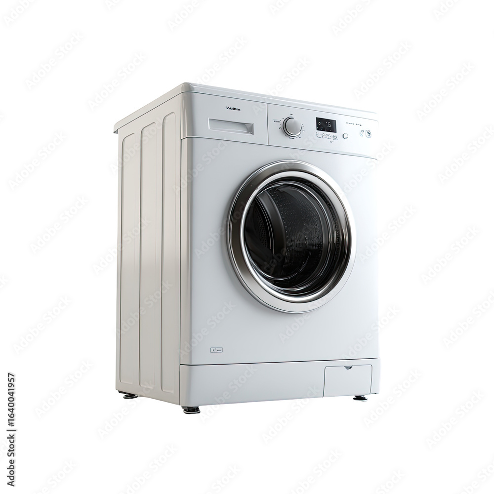 Fototapeta premium White washing machine, angled view. Modern, compact appliance with controls and drum