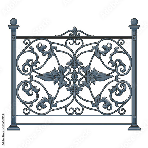 Decorative cast iron wrought fence with intricate floral design, white background, isolated, vector      