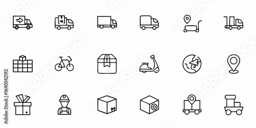A clean and modern collection of minimalist line art icons showcasing the essentials of city-based delivery and logistics. Perfect for courier service branding, delivery app interfaces, and transport 