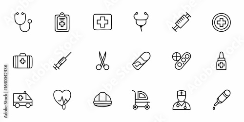 A precise collection of minimalist line art icons showcasing essential hospital equipment. Perfect for healthcare branding, patient education materials, and medical training guides