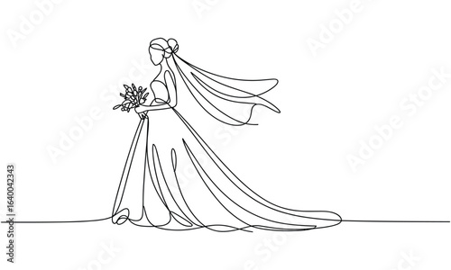 Bride Wedding Dress Veil Bouquet Continuous Line Drawing Elegant vector illustration