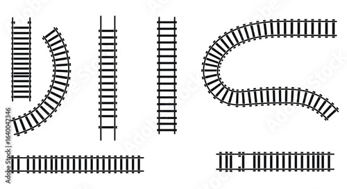 Railway Tracks Collection Straight Curved and Perspective Views in Black Silhouette