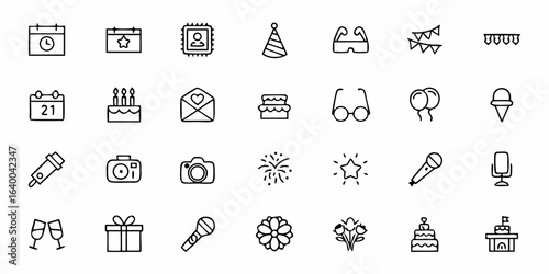 A refined collection of elegant line art icons representing all elements of professional event planning. Perfect for event coordinators, wedding planners, corporate functions, and celebration invitati