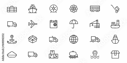 A professional set of line art icons illustrating worldwide cargo transport and supply chain operations. Ideal for freight forwarding companies, shipping agencies, and logistics networks