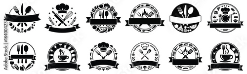 Collection of Circular Culinary Emblems with Food and Utensil Icons cooking kitchen