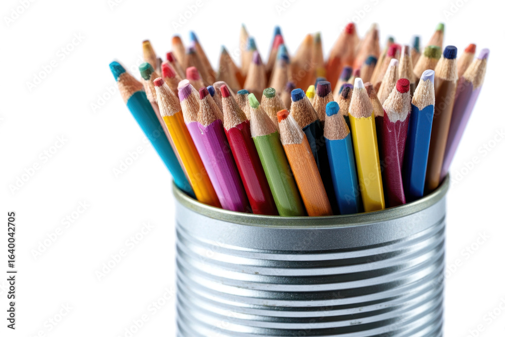 A vibrant collection of colored pencils in a tin can resting on a minimalist table isolated on transparent background
A vibrant collection of colored pencils in a tin can resting on a minimalist table isolated on transparent background