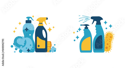 Cleaning Supplies Vector Illustration with Spray Bottles and Sponges silhouette