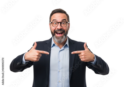 Excited man points to himself isolated on transparent background