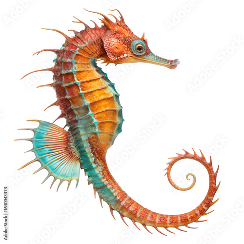 A vibrant orange and blue seahorse with intricate details and a curled tail. The background is black, highlighting the seahorse's unique features.
