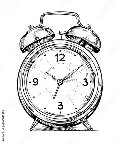 Vintage alarm clock, black and white graphic.  A classic alarm clock with two bells, rendered in a detailed, sketched style. 