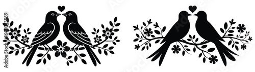 Silhouettes of Lovebirds on Floral Branches with Hearts and Flowers couple romance