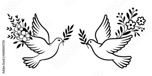 Two White Doves with Olive Branches and Floral Embellishments bird peace