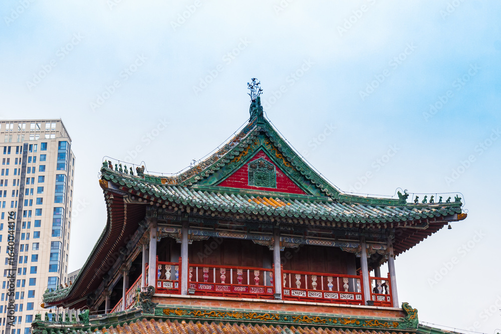 Naklejka premium Roof of a historic building at the Ancient Cultural Street of Tianjin, China