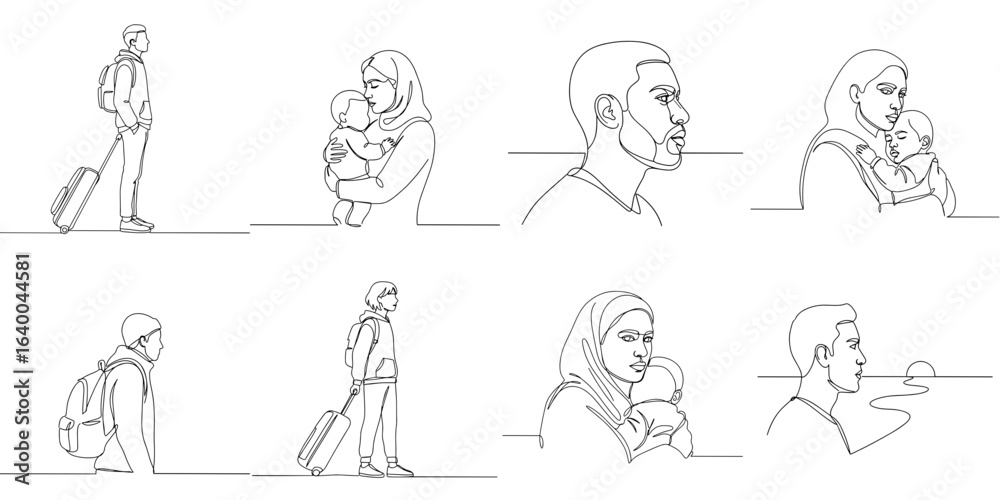 Set of 8 migrant profile SVG icons, one line style, minimal outline, transparent background Set of 8 migrant profile SVG icons, one line style, minimal outline, transparent background