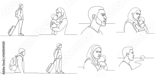 Set of 8 migrant profile SVG icons, one line style, minimal outline, transparent background