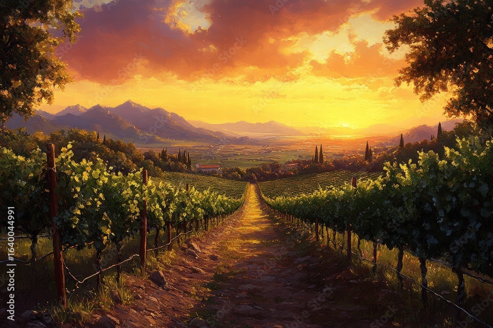 Fototapeta premium beautiful, dreamy painting of a vineyard at sunset, with rows of lush grapes stretching into the distance