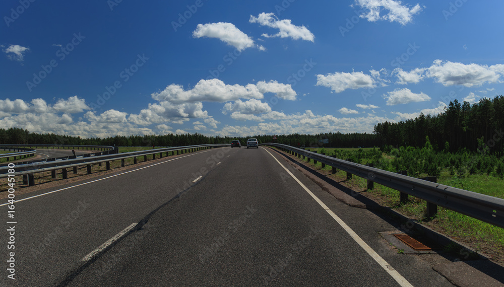 Naklejka premium Road view on a summer day. Highways and cars, roadside and white road line markings.