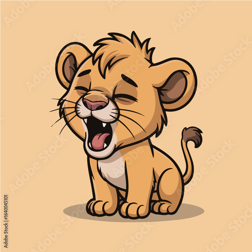 Illustration of a cute cartoon lion cub yawning with its mouth open, showing its teeth and tongue, with a sleepy expression on its face, sitting down on a beige background