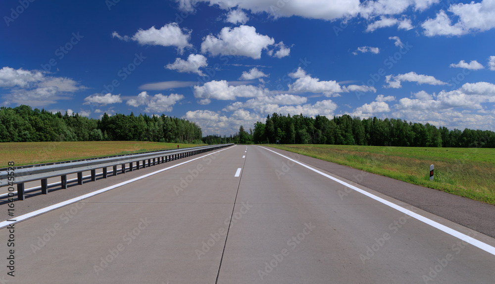 Fototapeta premium Road view on a summer day. Highways and cars, roadside and white road line markings.