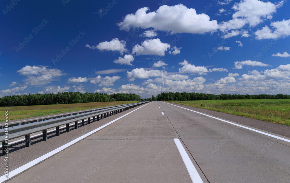 Fototapeta premium Road view on a summer day. Highways and bridge, roadside and white road line markings.