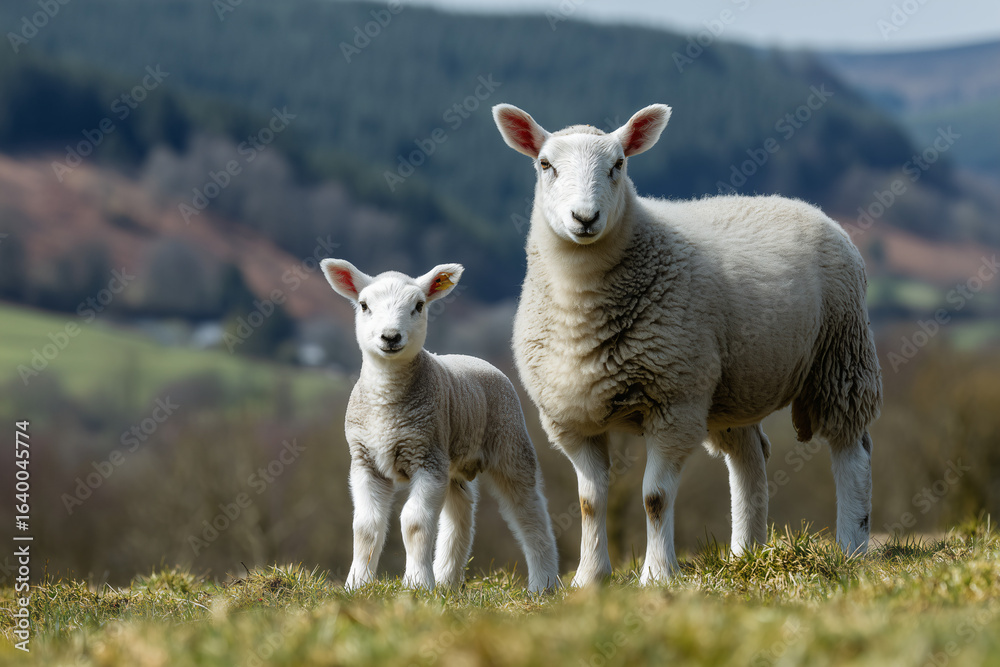 Obraz premium A mother sheep with her young lamb stands closely together in a meadow with a backdrop of a hill landscape, representing maternal love and the bond between family members