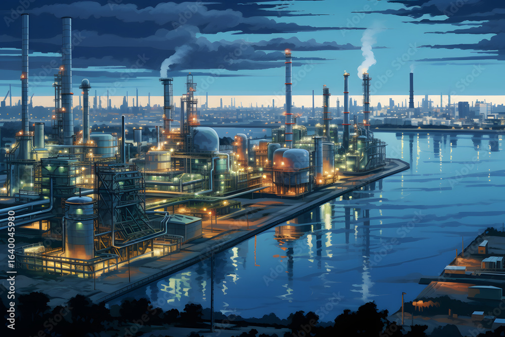 Fototapeta premium Illuminated industrial oil refinery complex at dusk with smoke emitting stacks