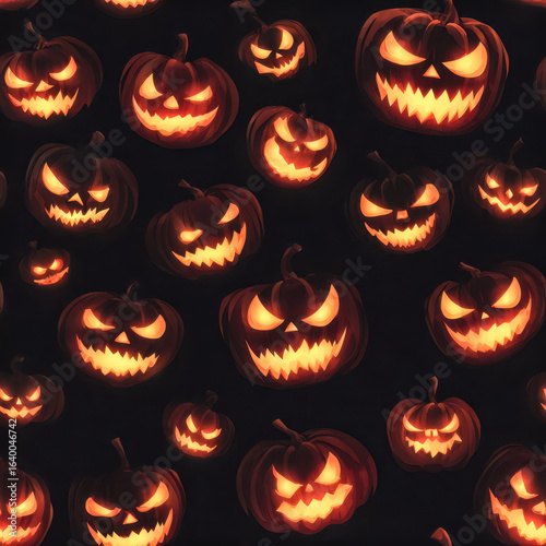 Spooky glowing jack-o'-lanterns with sinister grins for Halloween celebration