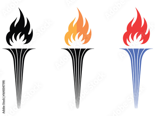 A digital illustration of three stylized flaming torches in different color schemes, symbolizing victory, competition, and eternal spirit.