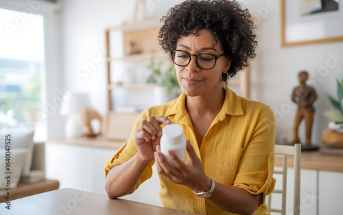 Woman reading label on medicine bottle healthcare medication supplements home