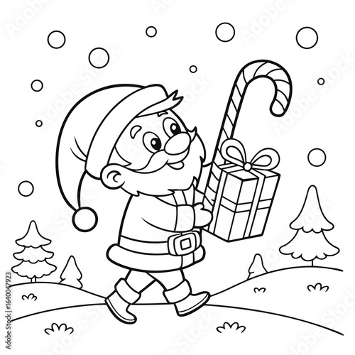 Santa Claus with gifts and candy cane outline line art doodle cartoon illustration. Winter Christmas theme coloring book page activity for kids and adults.
