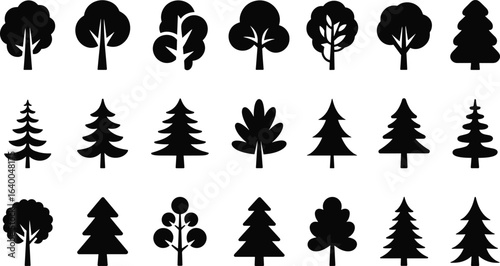Collection of stylized tree silhouettes – pine, deciduous, and conifer shapes for nature, landscape, environmental, forestry, and design projects