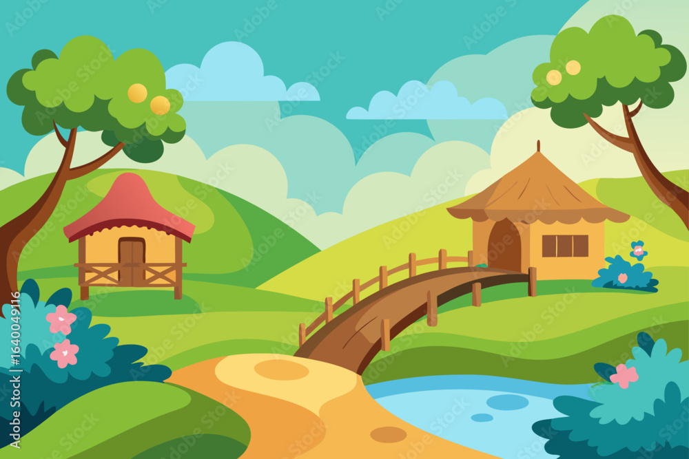 Fototapeta premium Country landscape with a small rural house and green trees under a sunny sky