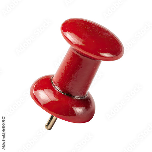 Close-up of a vibrant red push pin.  The pinhead is a smooth, glossy sphere, while the shaft tapers to a pointed end.  Solid color, isolated against a black background