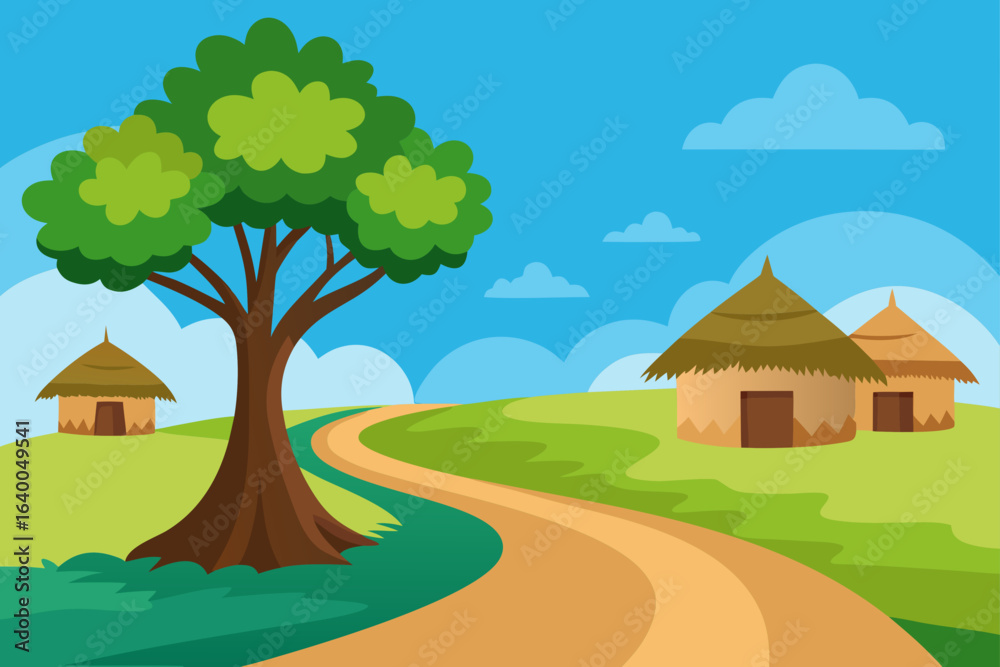 Obraz premium Cartoon vector illustration of a rural landscape with a farmhouse, a road, a green field, and trees under a sunny sky